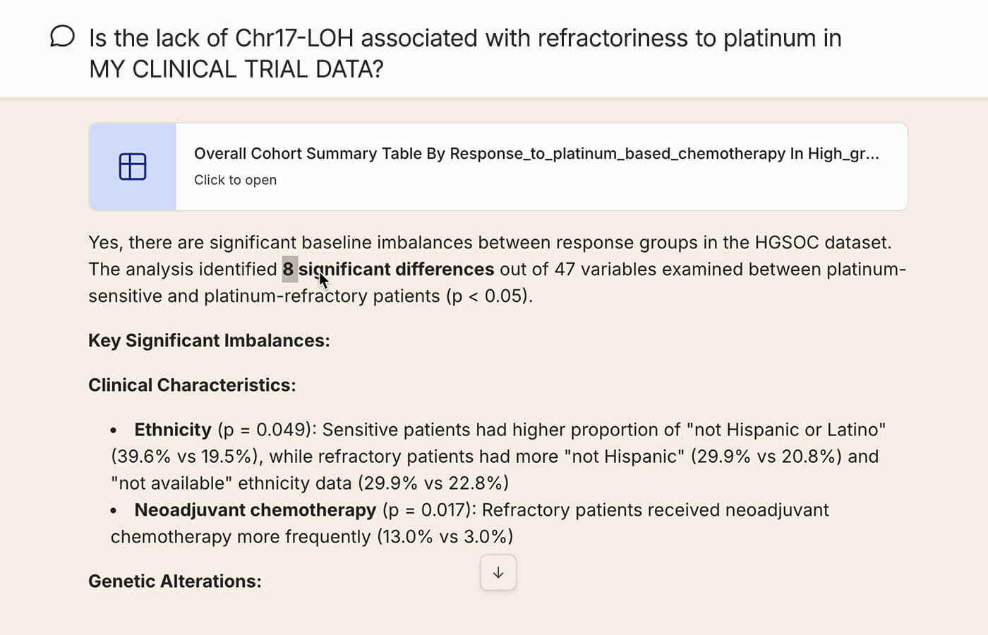 Is the lack of Chr17-LOH associated with refractoriness to platinum in MY CLINICAL TRIAL DATA?