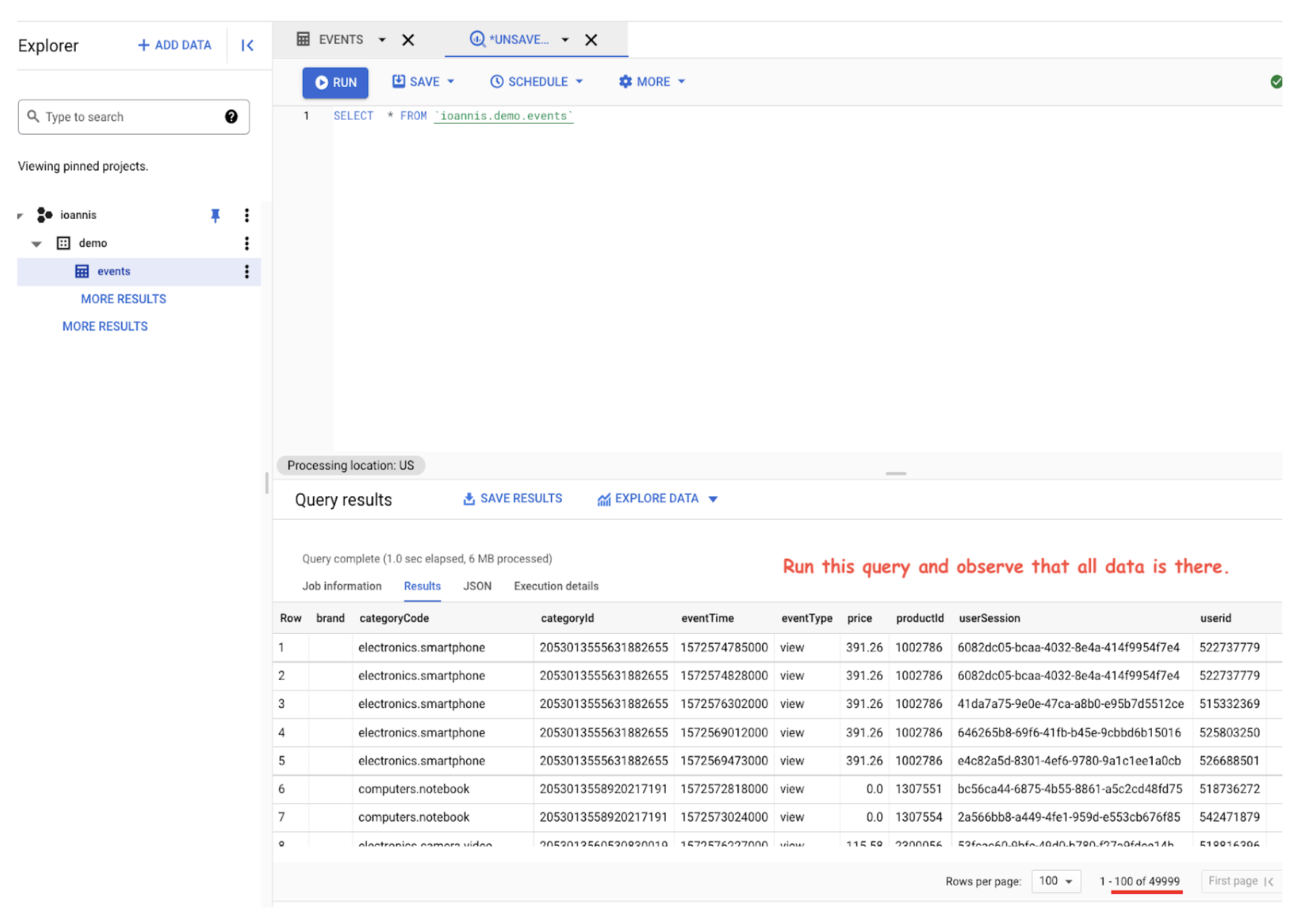 Querying on Google Cloud interface