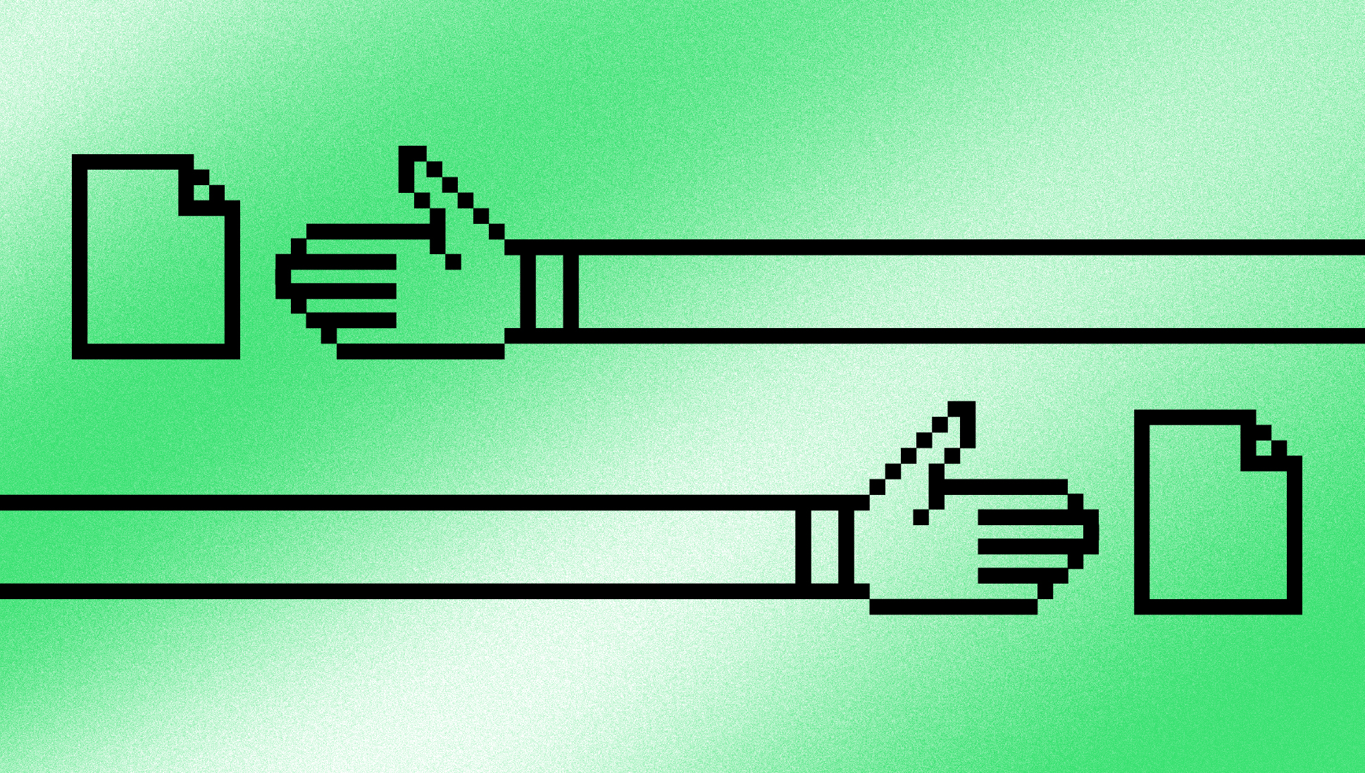 Two extra-long arms with hands reaching for pieces of paper on green background