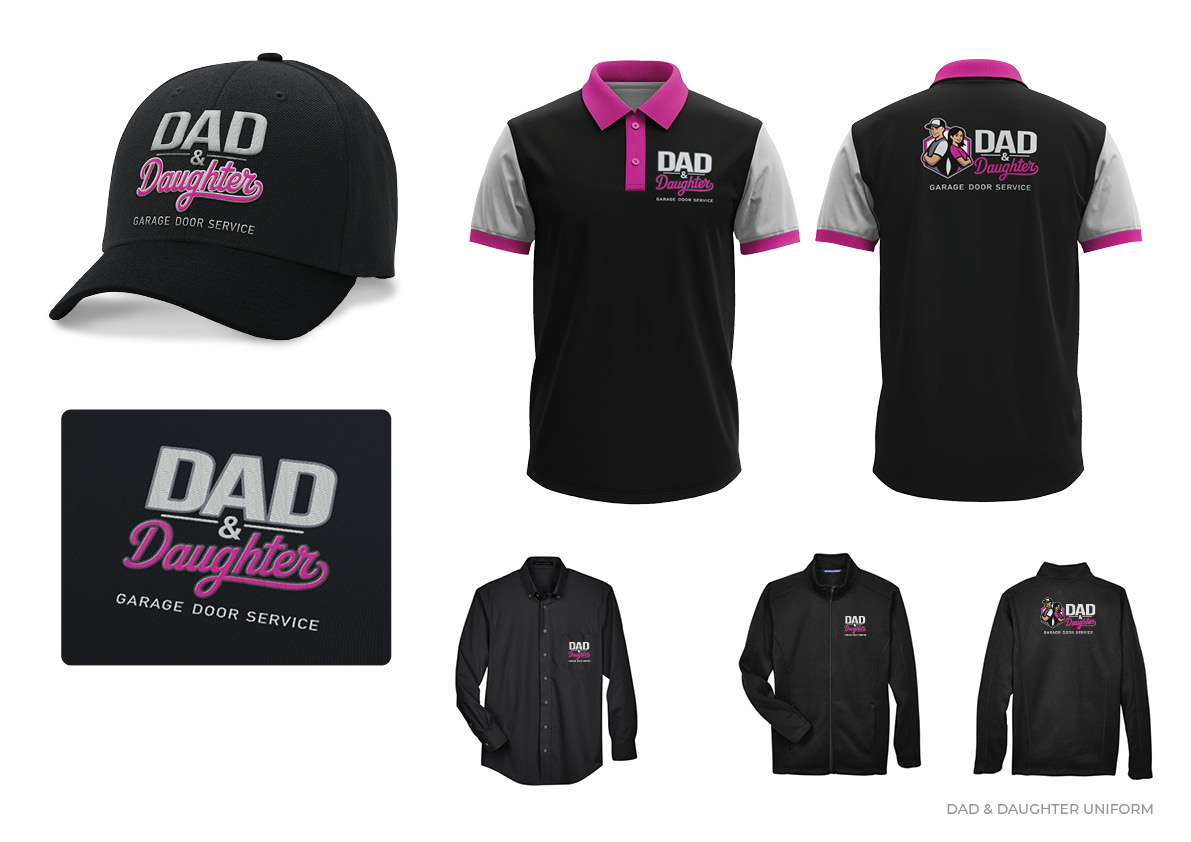 Dad & Daughter uniform designs — polos, caps, and outerwear