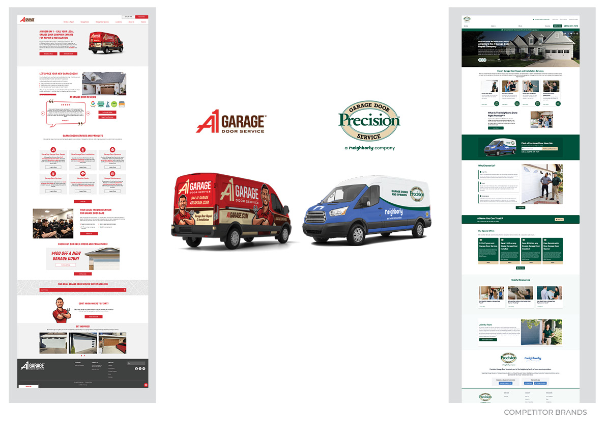 Competitor brands A1 Garage Door Service and Precision Garage Door Service — websites and vehicle livery