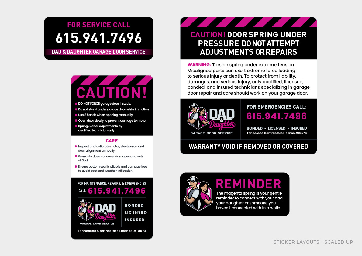 Dad & Daughter sticker layouts — service, caution, and reminder