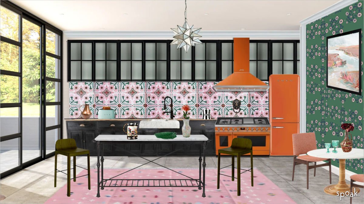 A colorful kitchen design with pink and green tile and orange accents