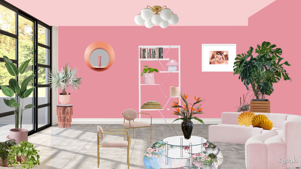 A bright pink living room with pink walls and modern accents