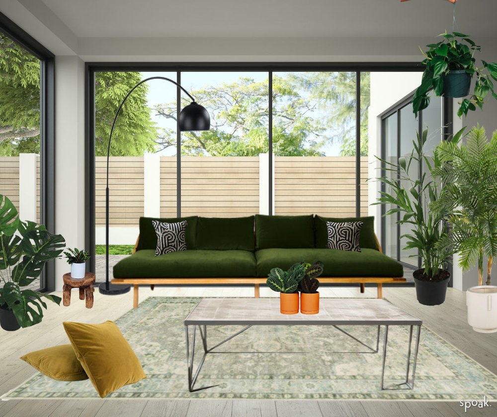Green interior design room with plants