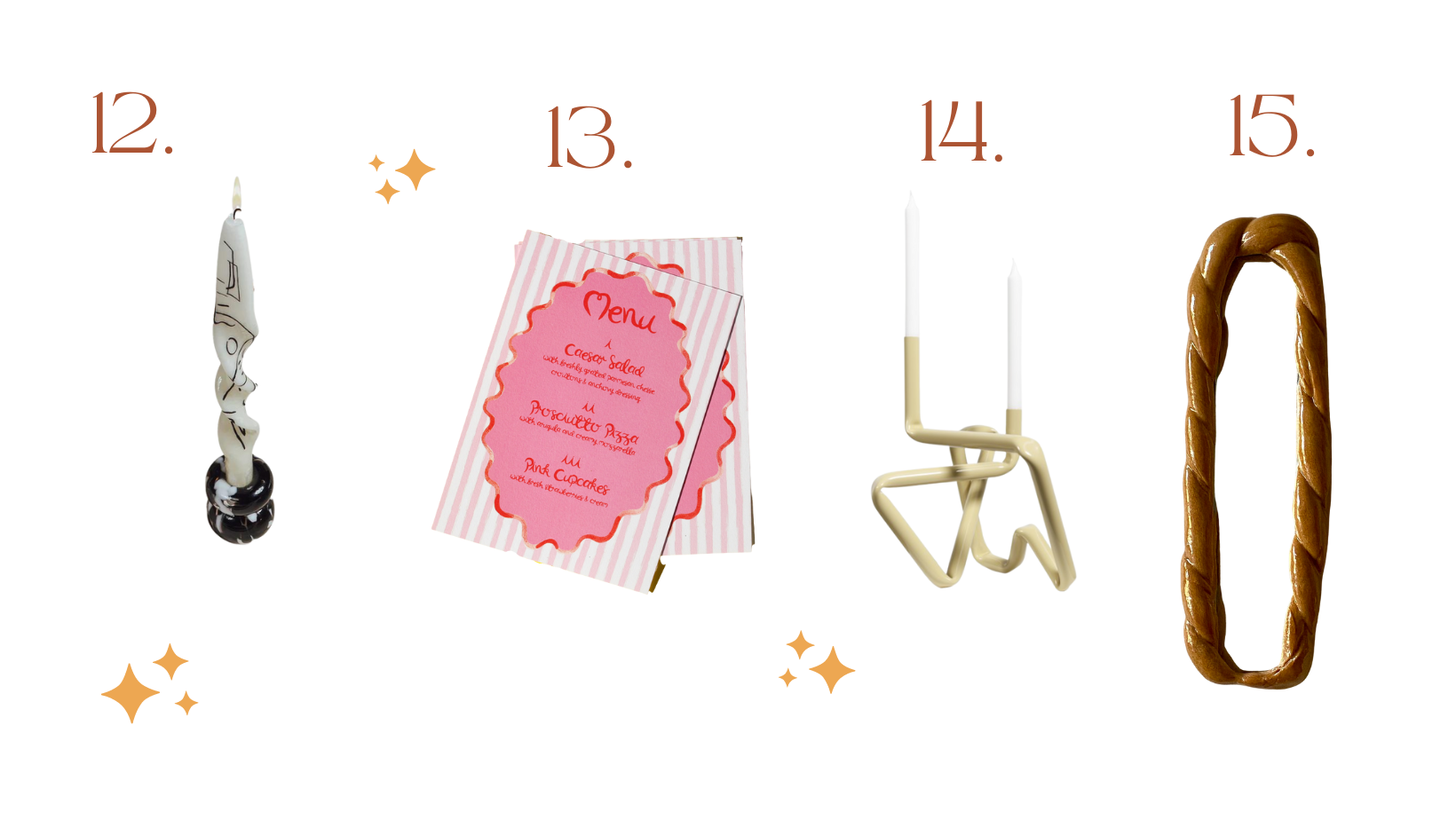 Decorative candles, printed menus, and funky mirrors