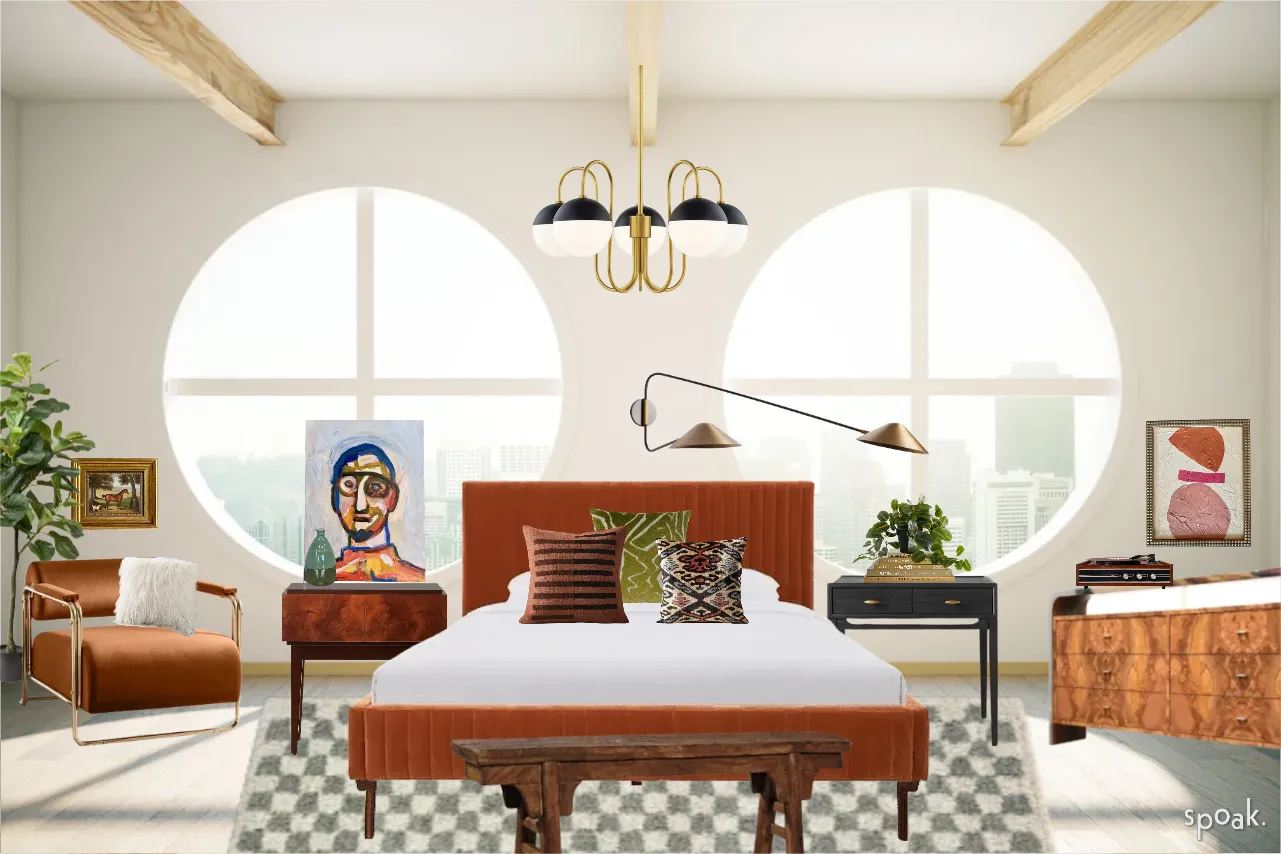 Bohemian bedroom design with checkerboard rug