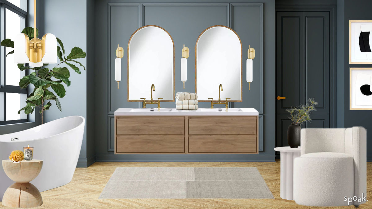 modern bathroom navy wall nice fixtures