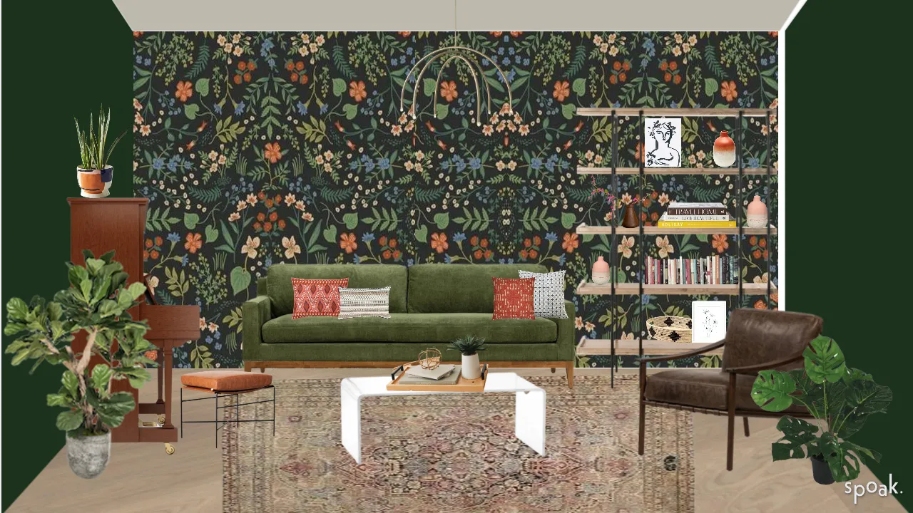 Green wallpapered living room with plants