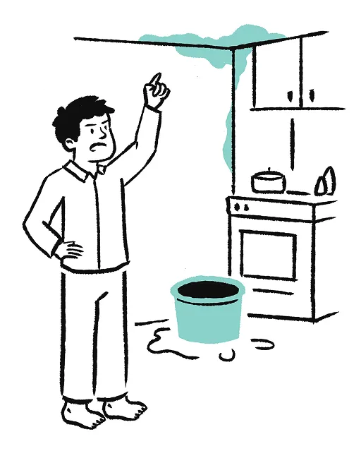 Illustration of a person pointing at mould on a kitchen wall above a leaking bucket, representing housing maintenance or health issues.