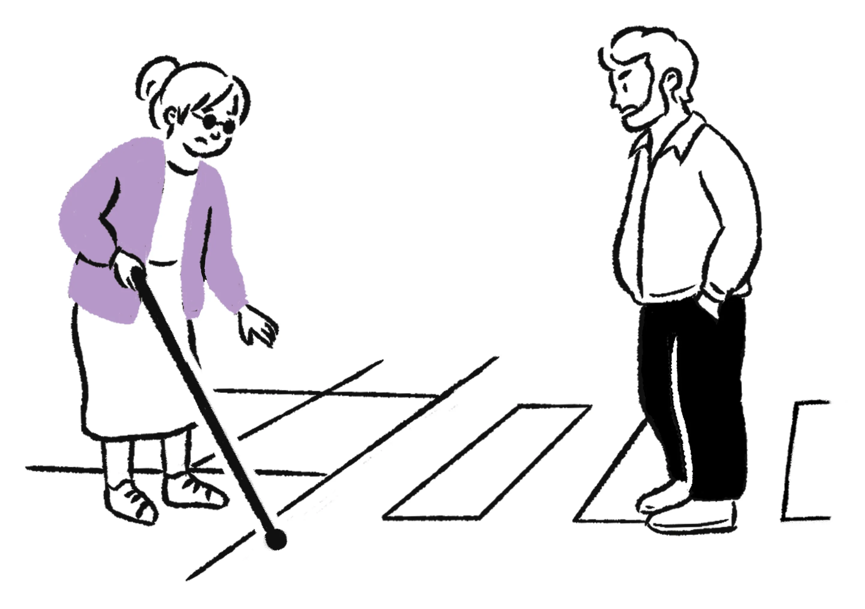 Illustration of a person using a long cane at a pedestrian crossing while another person stands nearby, representing vision impairment and street accessibility