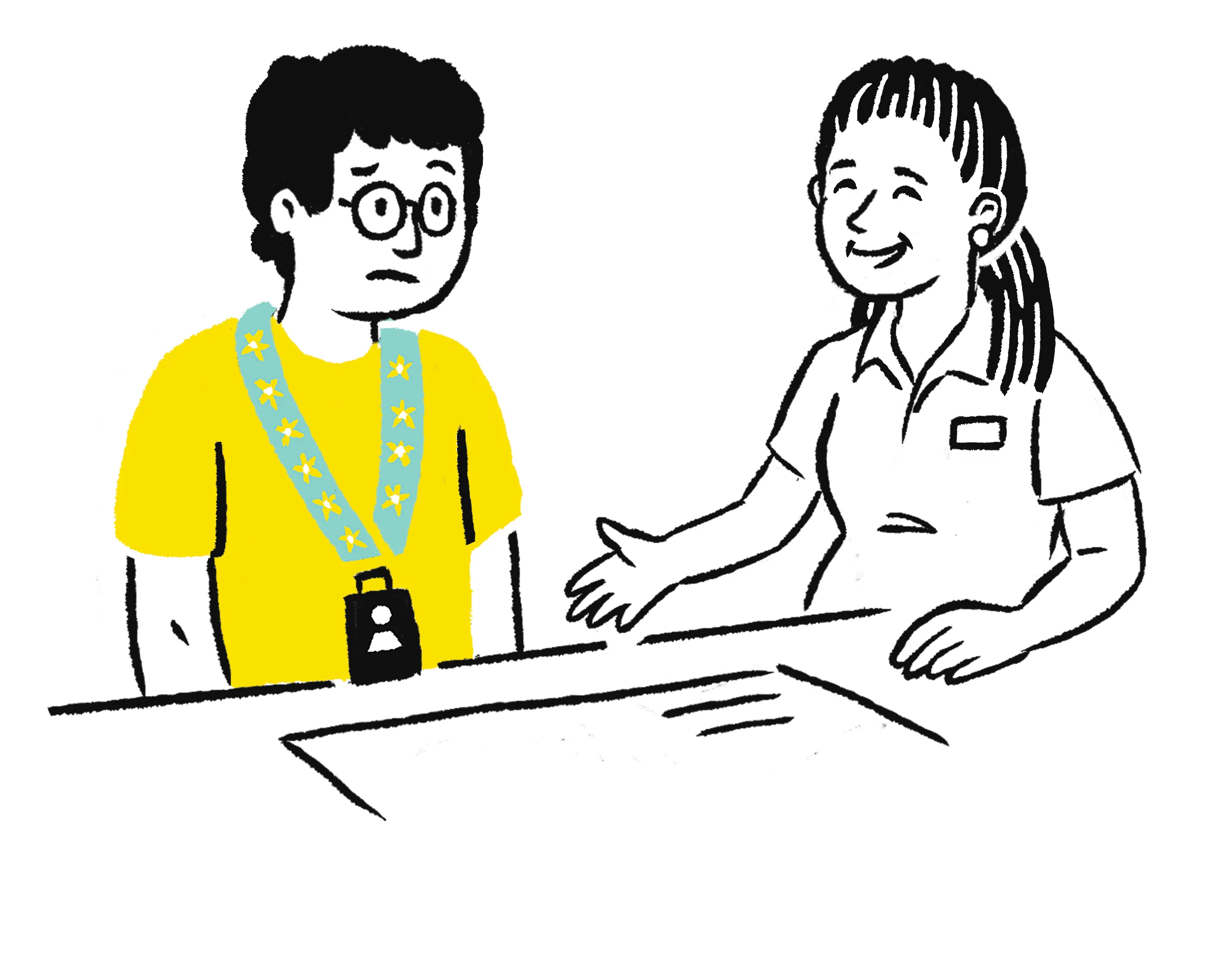Illustration of a person wearing a lanyard speaking across a counter with another person, suggesting an access or service interaction in a public or organisational setting.