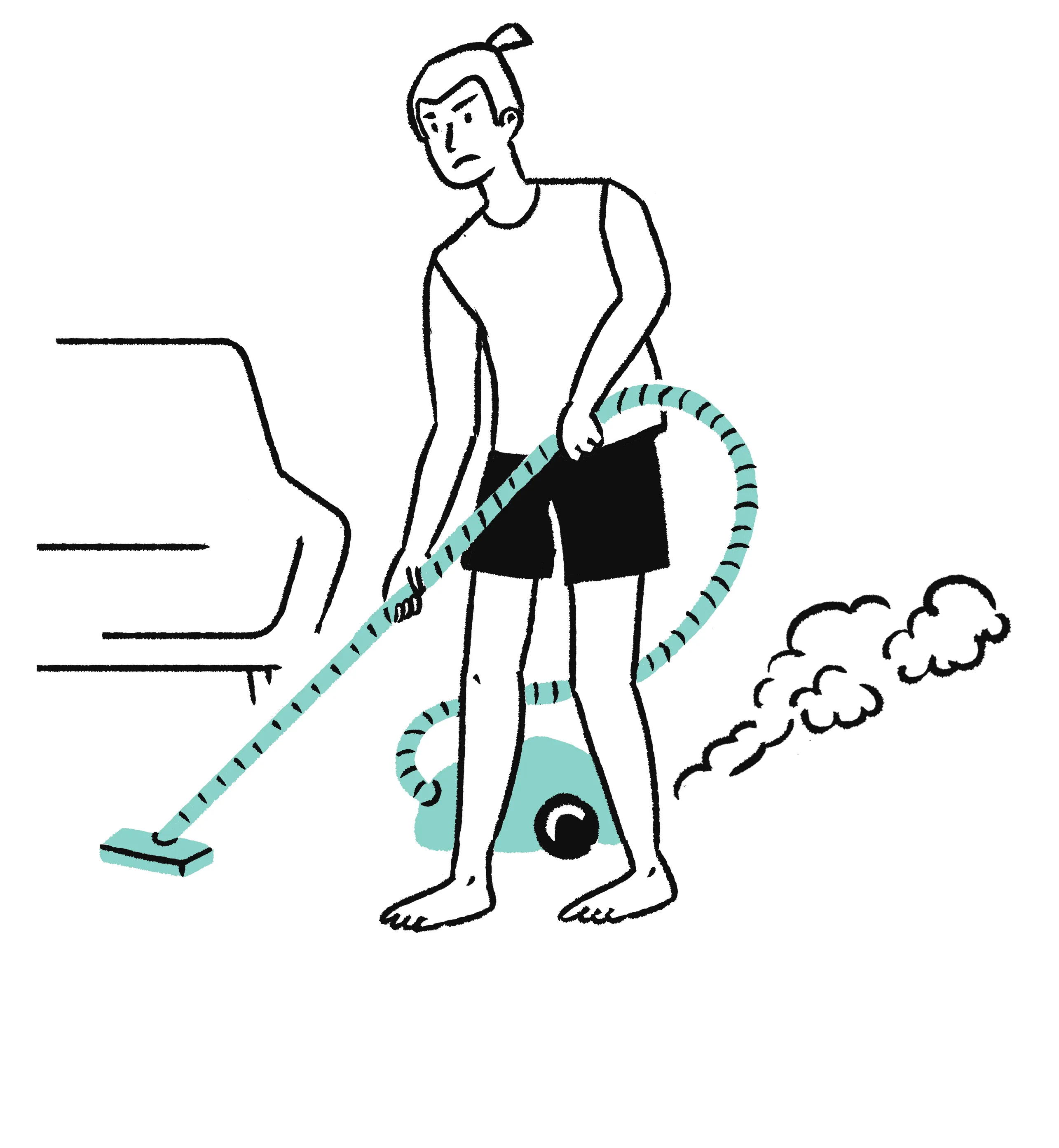 Illustration of a person vacuuming near a sofa while dust escapes the machine, suggesting a faulty household appliance.