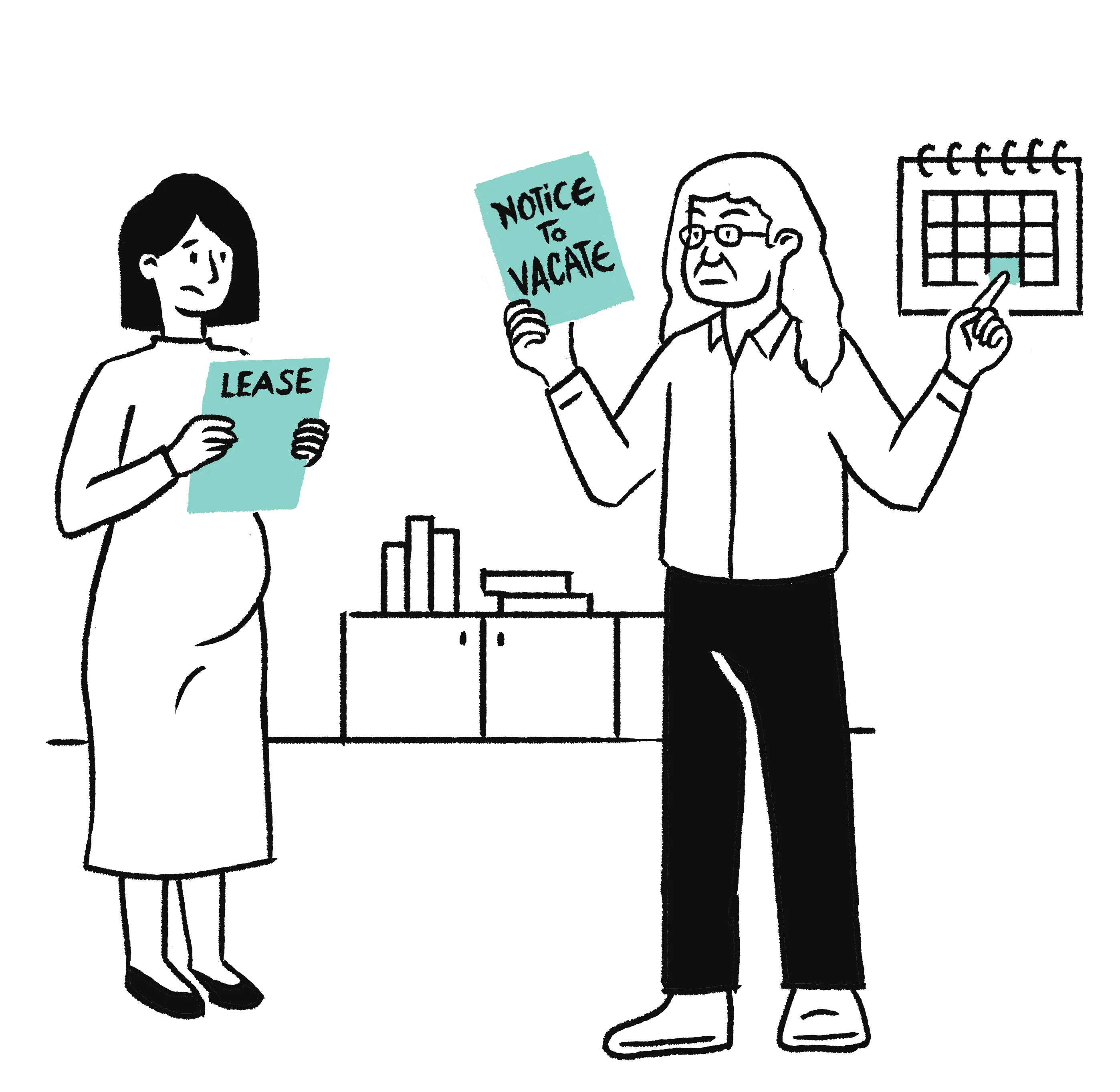 Illustration of two people holding documents labelled “Lease” and “Notice to vacate,” with a calendar in the background, representing a rental or tenancy issue.