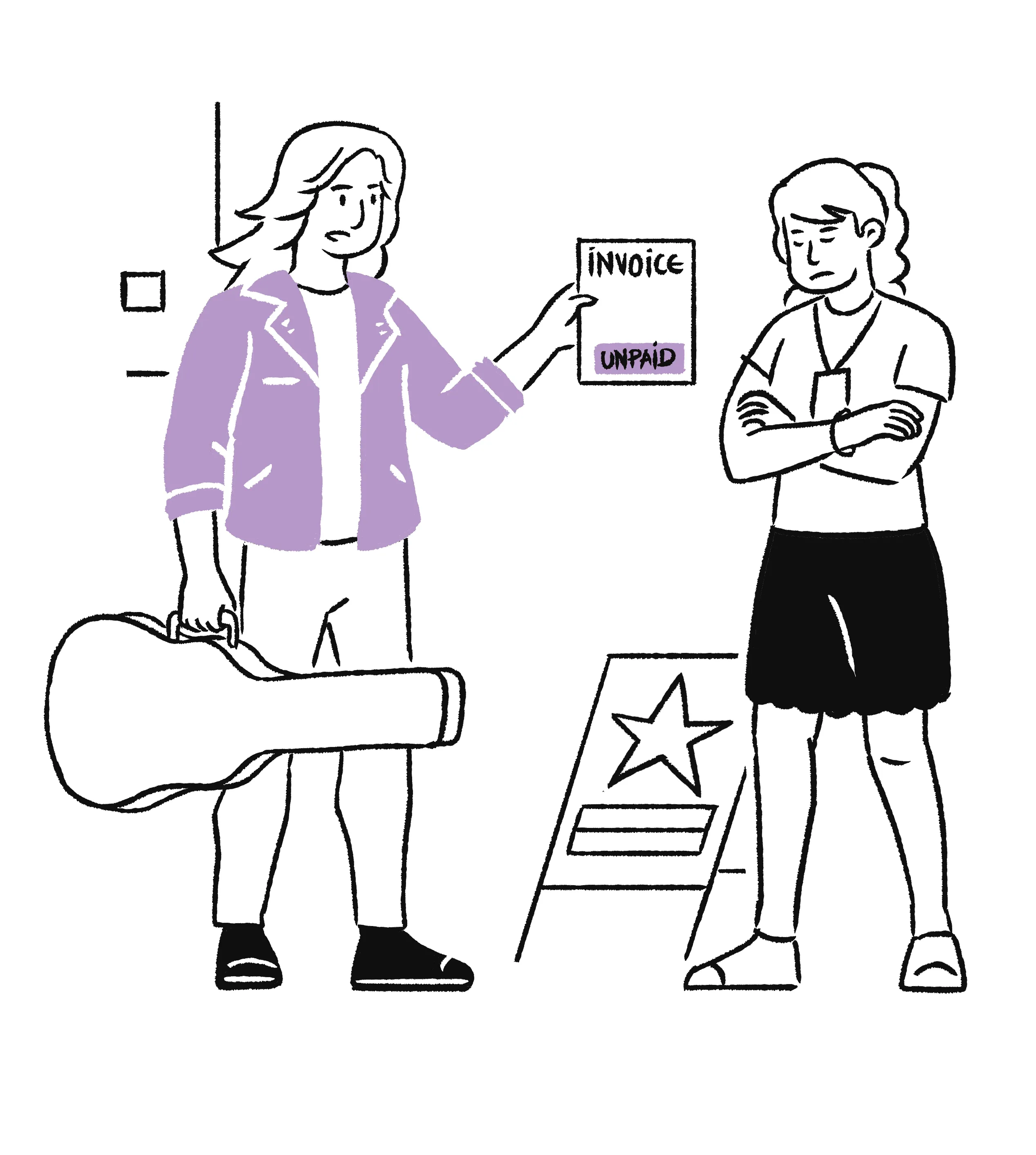 Illustration of a person holding a musical instrument case presenting an “Invoice – unpaid” notice to another person, representing unpaid creative work.