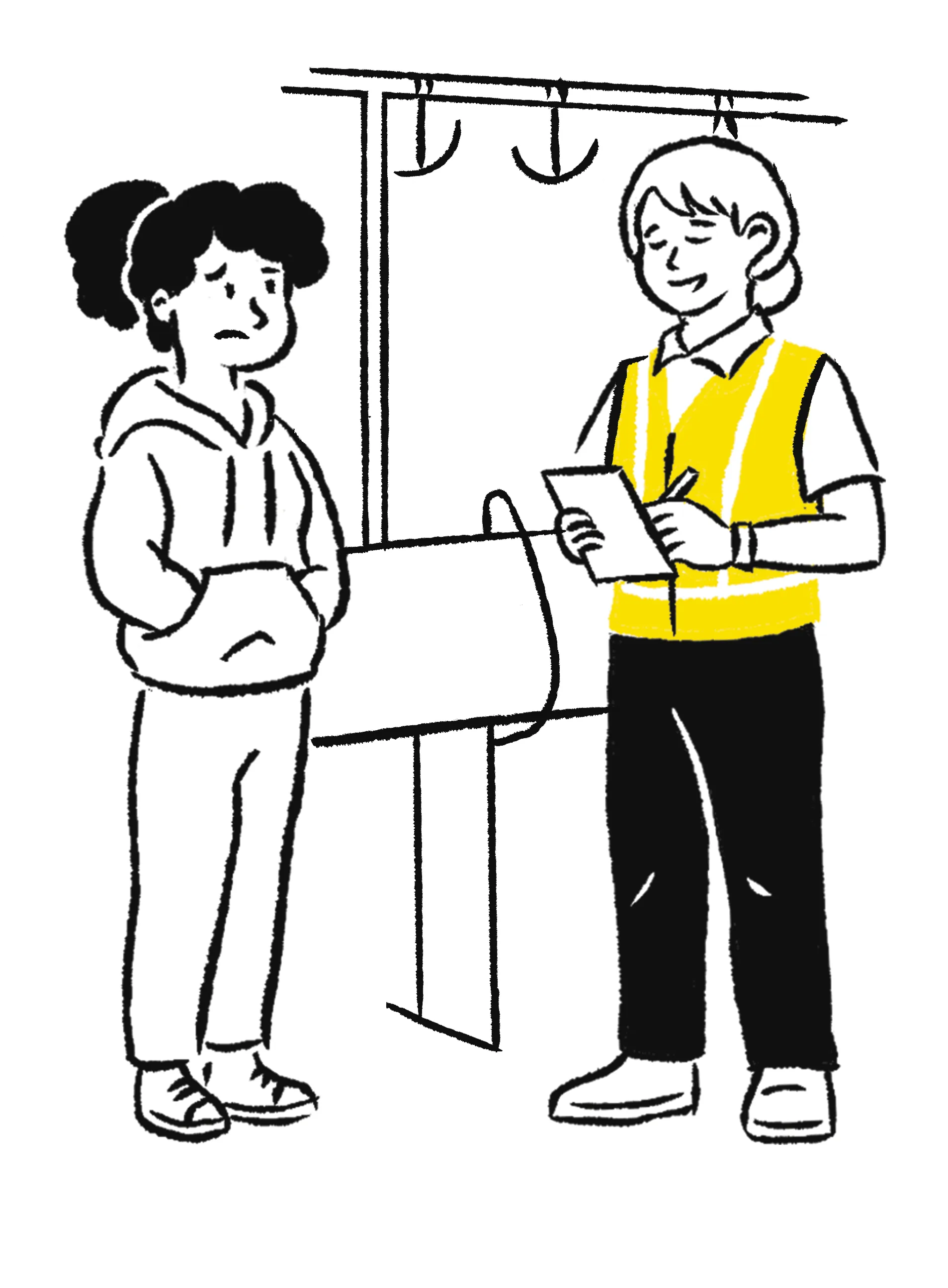 Illustration of a person in a high-visibility vest checking a device while speaking to another person at a public transport gate or platform.