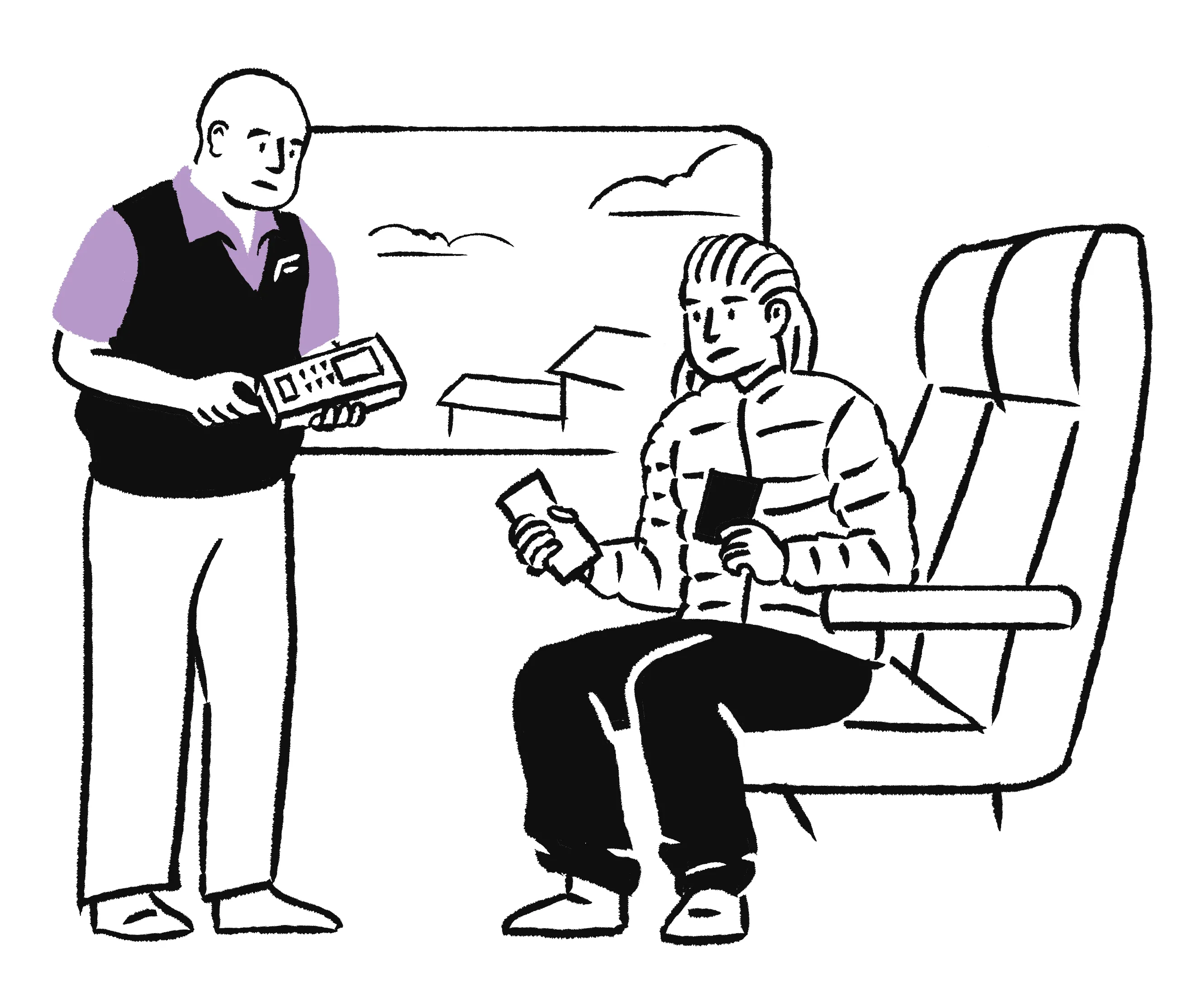 Illustration of a seated passenger on a train holding a phone while a staff member stands nearby holding a device, representing a regional rail service interaction.