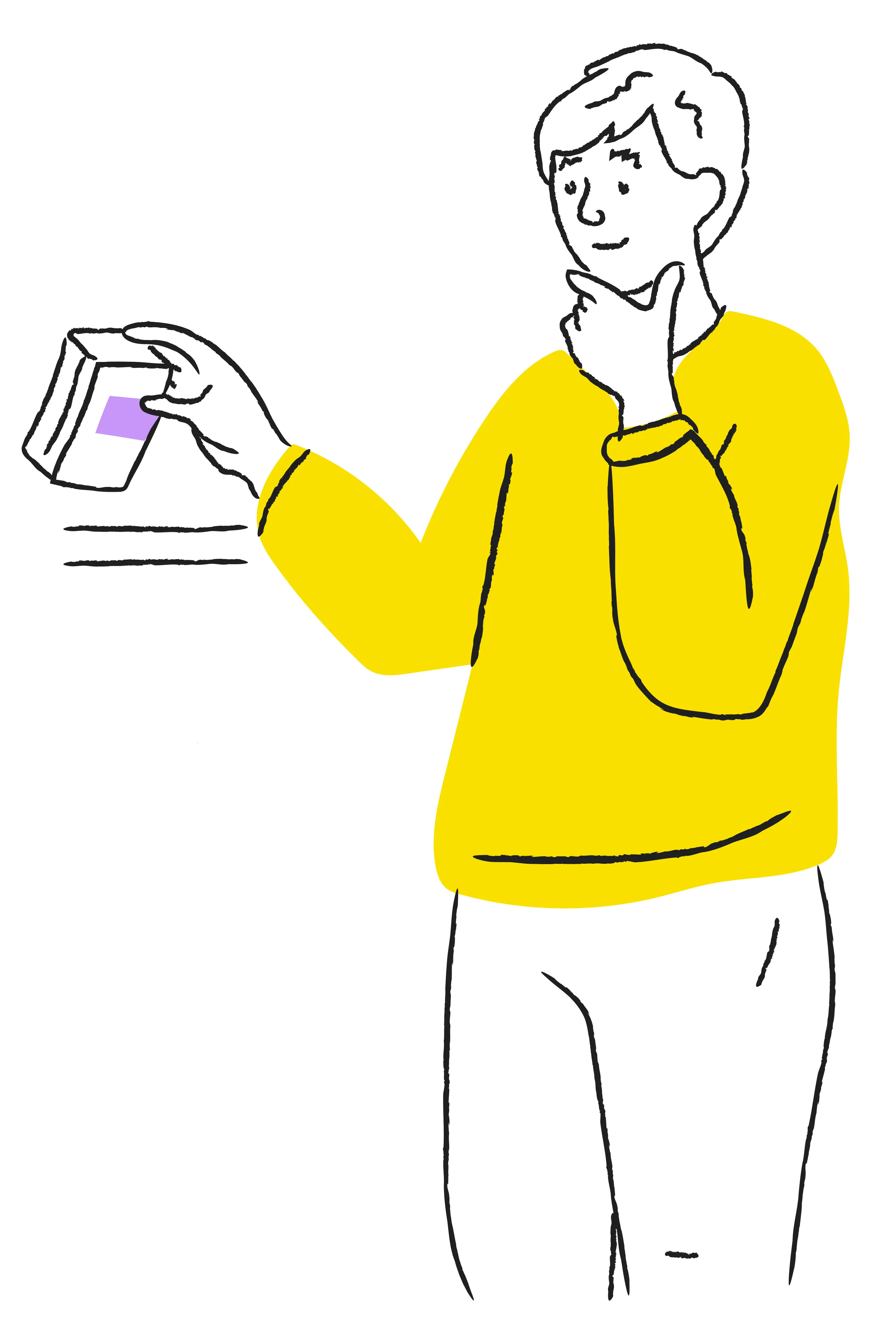 Illustration of a person holding a small card and touching their chin, suggesting decision-making or spending, drawn in simple line style with yellow clothing.