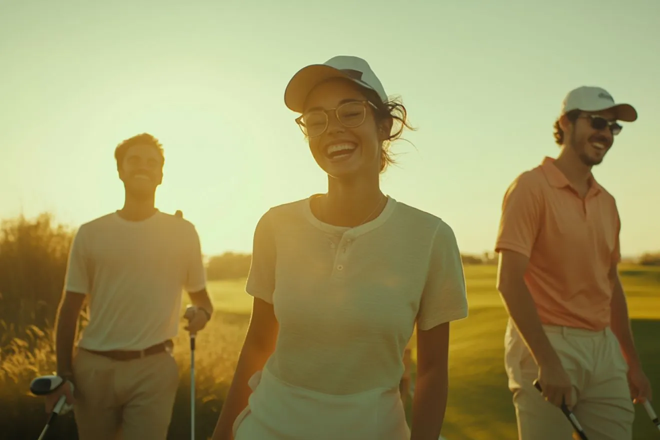 Vier zufriedene Mitglieder genießen ihr Golfspiel auf einem deutschen Golfplatz