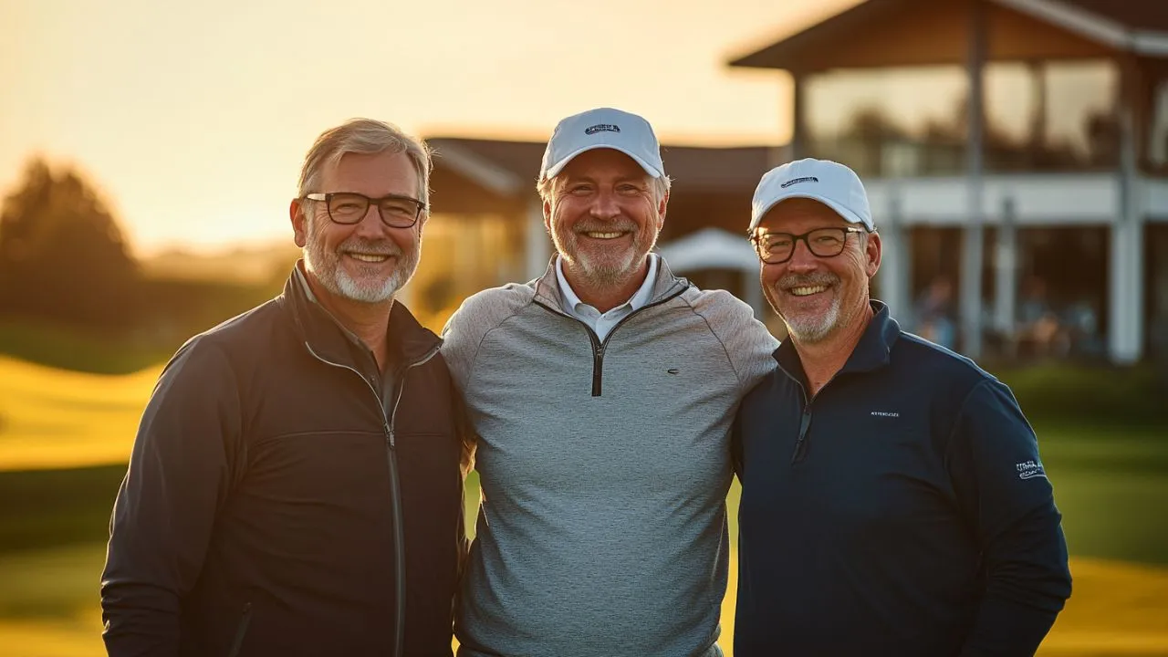 Drei stolze und glückliche Golfclub-Manager vor einem hellen Golfclubhaus im Hintergrund, im goldenen Licht fotografiert.