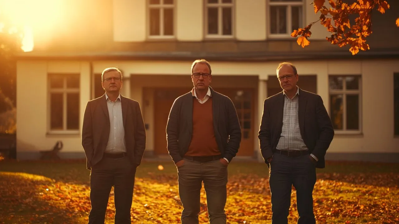 Drei besorgte Golfclub-Manager stehen vor einem leeren, leicht vernachlässigten Golfclubhaus im goldenen Licht.