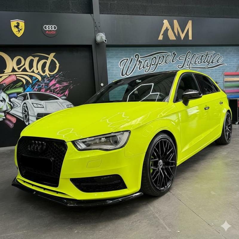Audi A3 recouverte d’un covering jaune fluo avec plaque masquée chez AM Custom Car