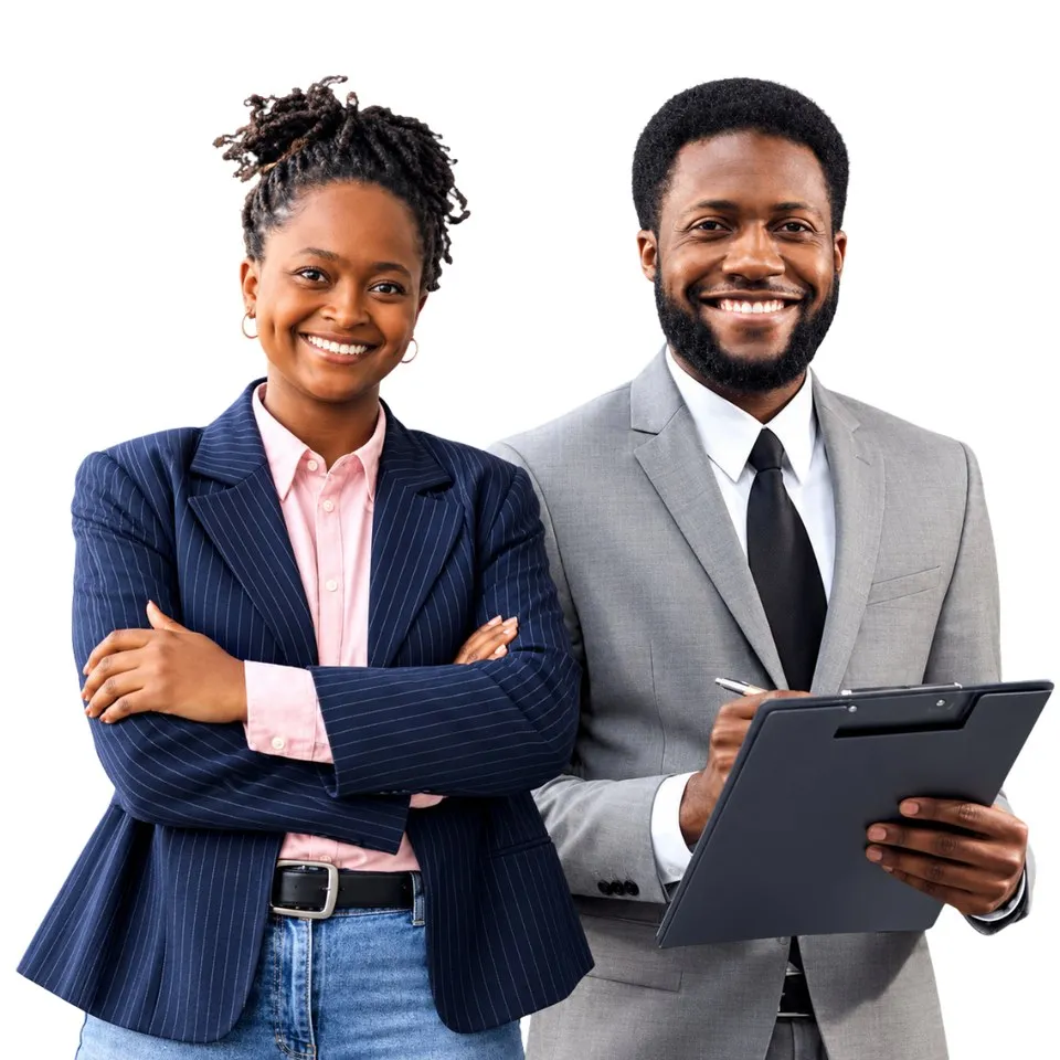 Deux jeunes professionnels africains souriants, l'un tenant un porte-documents