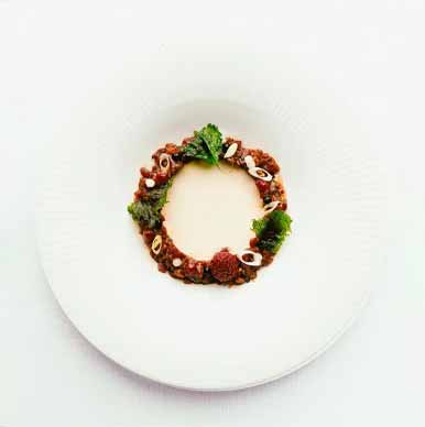 Plato de Grupo Life Gourmet con una salsa o guarnición formando un círculo decorado con hojas verdes y rodajas finas, en un plato blanco.