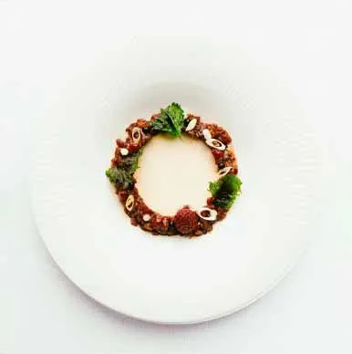 Plato de Grupo Life Gourmet con una salsa o guarnición formando un círculo decorado con hojas verdes y rodajas finas, en un plato blanco.