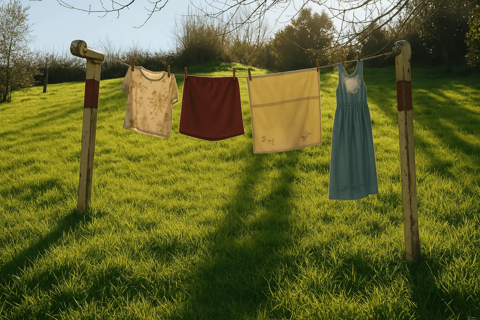 Hanging clean clothes with a sunny weather