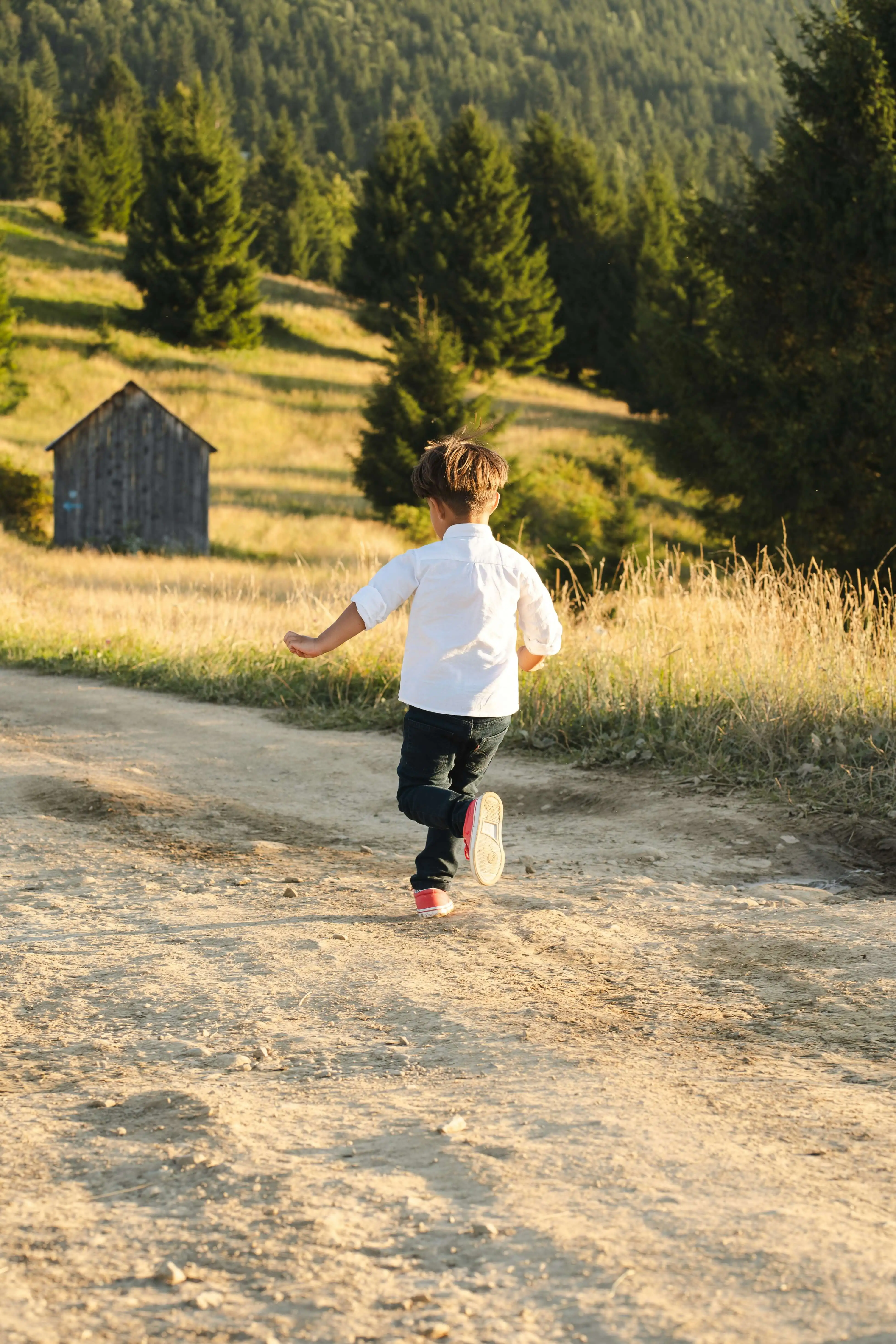 Little boy runs in the countryside