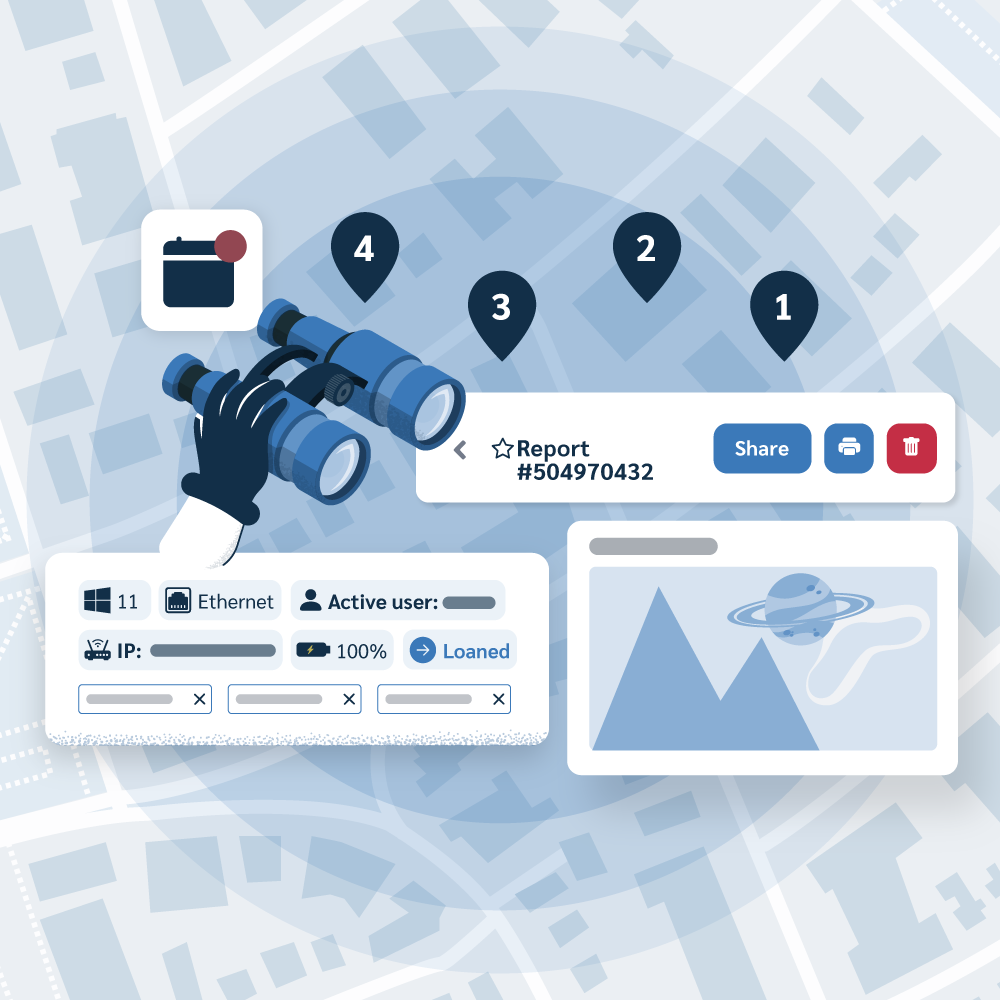 An illustration of a hand holding binoculars over a map with four numbered location pins. A card shows a Report ID and action buttons. Data cards display rich information like device specs, network details, and photographic evidence, emphasizing comprehensive visibility.