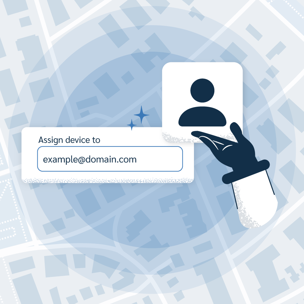An illustration of a hand tapping a user profile card over a map background. A prompt says, 'Assign device to,' with an example email address in the input field, symbolizing easy device assignment and inventory control.