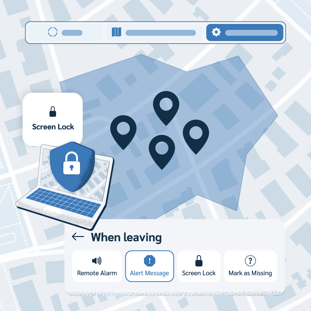 An illustration showing a laptop protected by a shield and a padlock over a map with four location pins inside a shaded zone. Below, four buttons read: Remote Alarm, Alert Message, Screen Lock, and Mark as Missing, symbolizing proactive device protection actions.