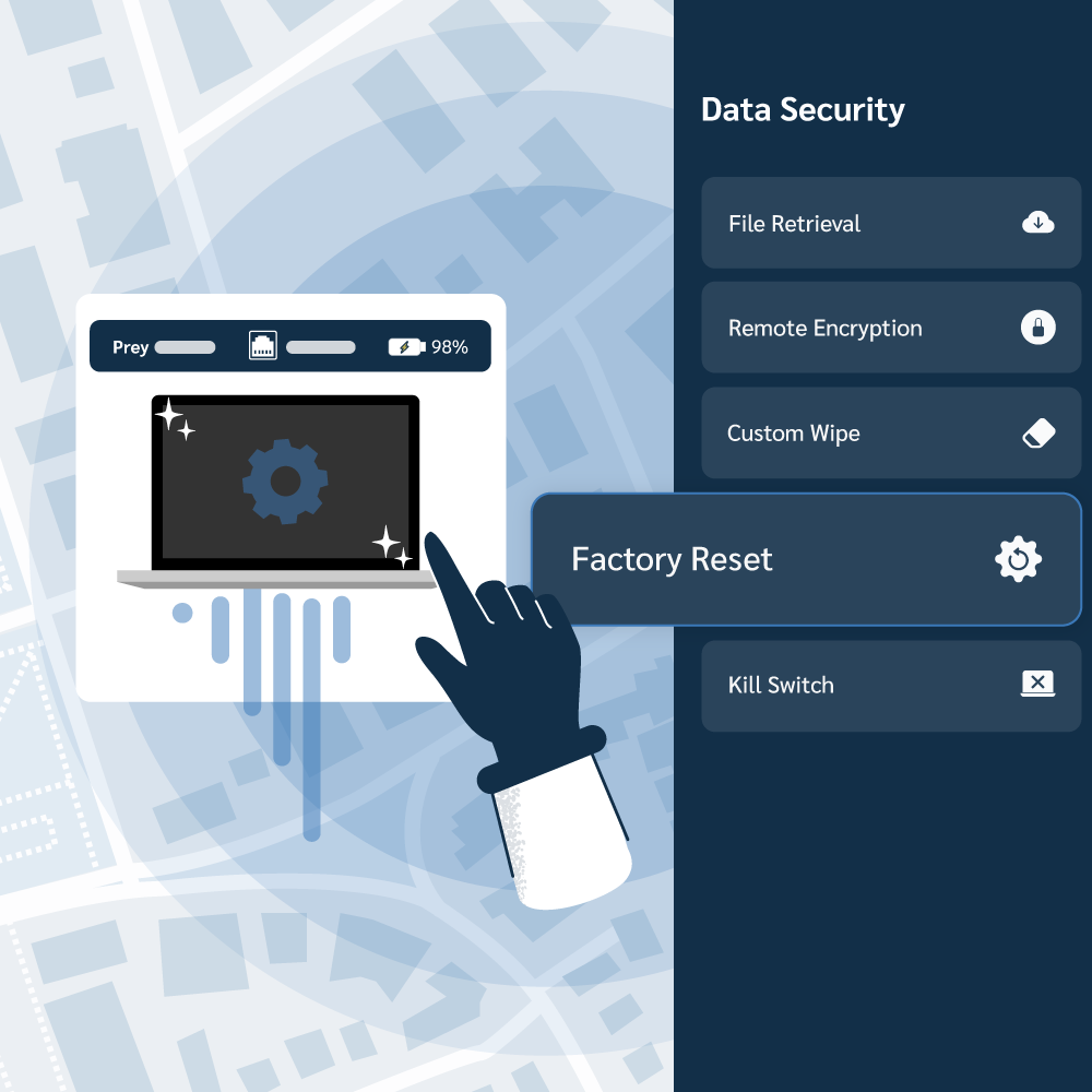 An illustration of a hand selecting the 'Factory Reset' option in the Data Security menu. The full menu displays critical protection tools: File Retrieval, Remote Encryption, Custom Wipe, Factory Reset, and Kill Switch, showcasing remote data security actions.