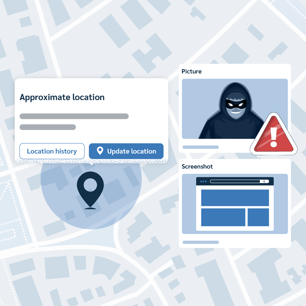 An illustration showing three key evidence cards against a map background: one for Approximate location with a pin and 'Update location' button; one for Picture, showing a masked thief; and one for Screenshot, showing digital evidence. It summarizes device recovery tools.
