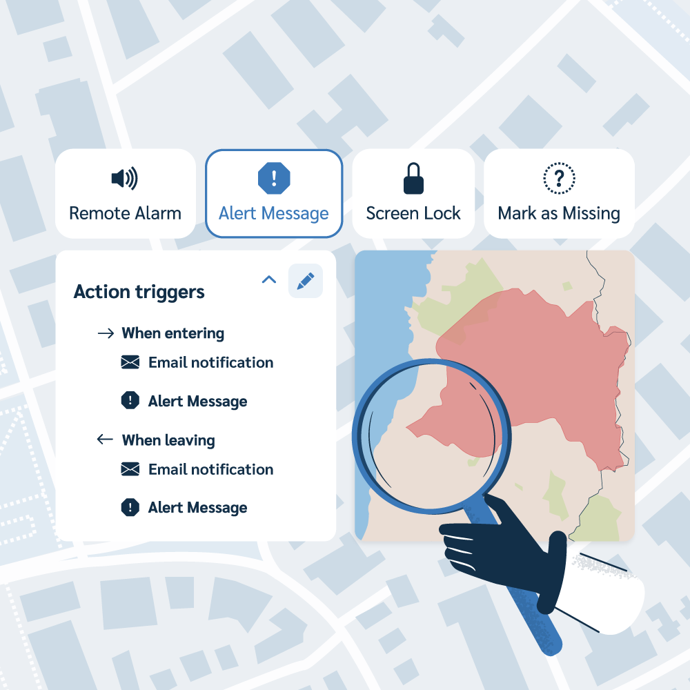 An illustration showing a map with a red exclusion zone magnified by a hand holding a large lens. The interface displays the four main device actions and an 'Action triggers' panel, detailing automated responses like Email notification and Alert Message when entering or leaving the zone.