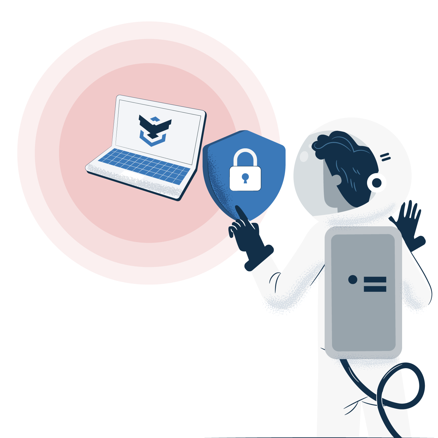 A Prey astronaut pointing at a blue security shield with a padlock, actively protecting a laptop that emits a red warning signal. It symbolizes comprehensive data protection and security.