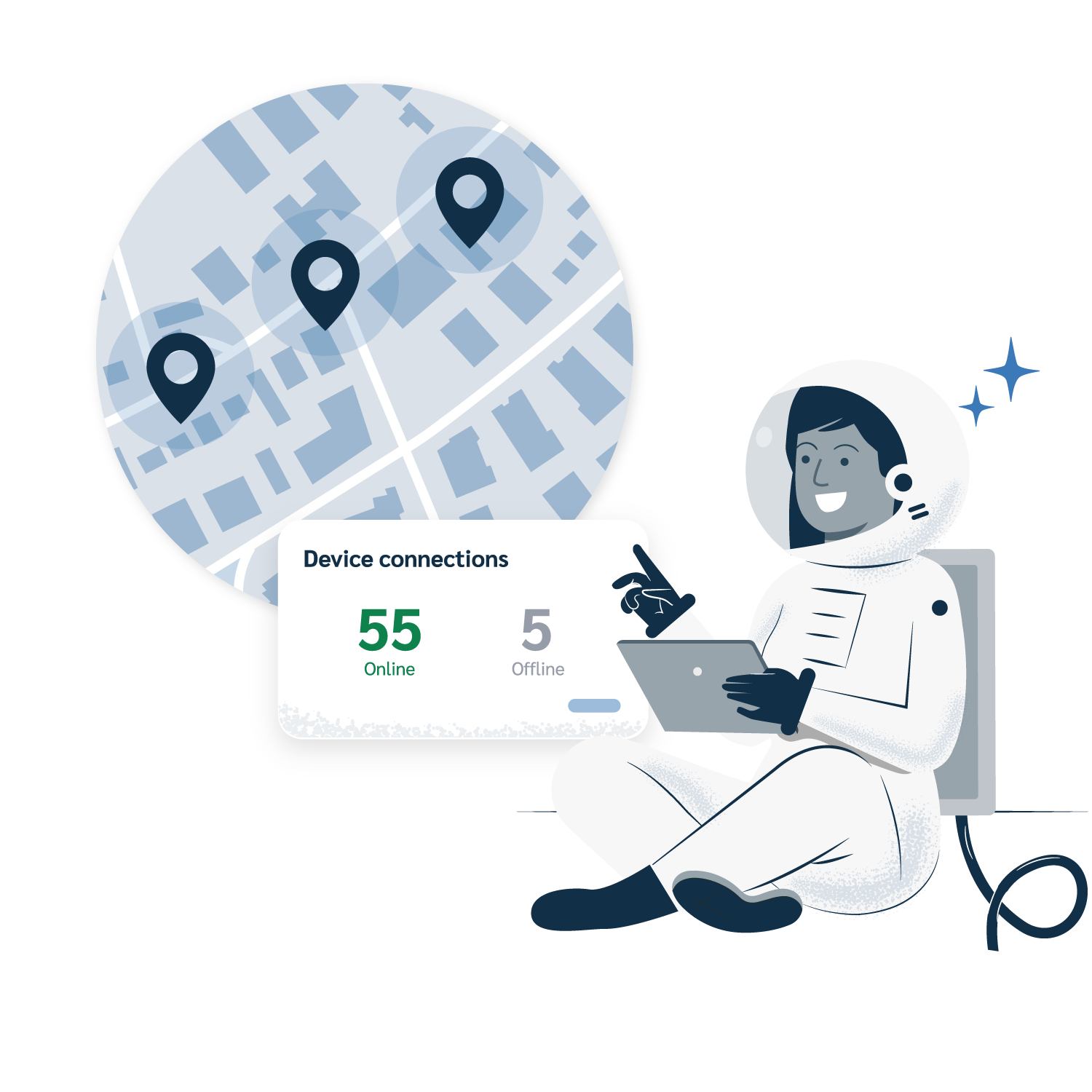 An astronaut sits holding a tablet, looking at a card showing 55 devices Online and 5 Offline, superimposed over a partial map with three location pins. It illustrates comprehensive device tracking.