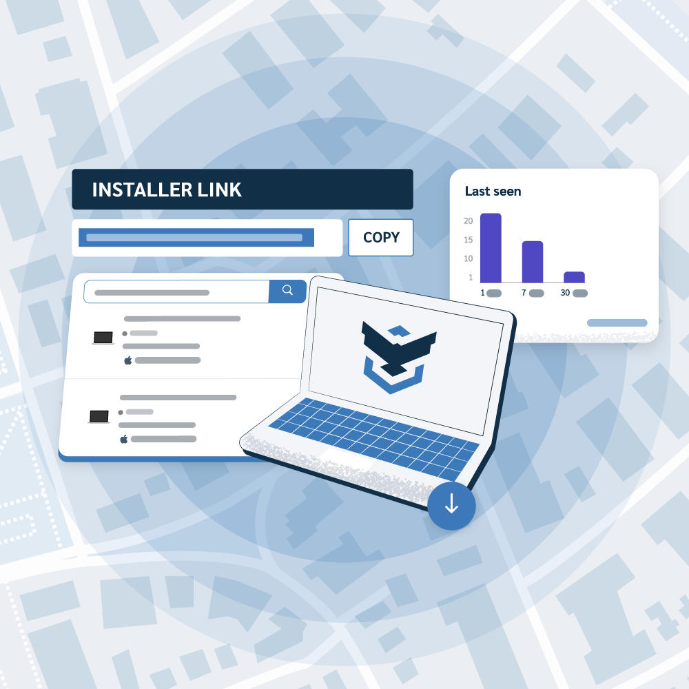 An illustration showing three panels: an installer link box with a 'Copy' button, an inventory list of Mac devices, and a 'Last seen' bar chart. A laptop with the Prey logo is centered, symbolizing easy installation, inventory, and activity monitoring.