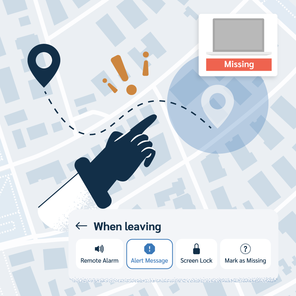An illustration of a hand pointing at a map, showing a device moving from a safety zone (old pin) to a new, unauthorized location (new pin). A laptop card is labeled 'Missing,' and the 'Alert Message' action button is highlighted, symbolizing automated geofencing response.