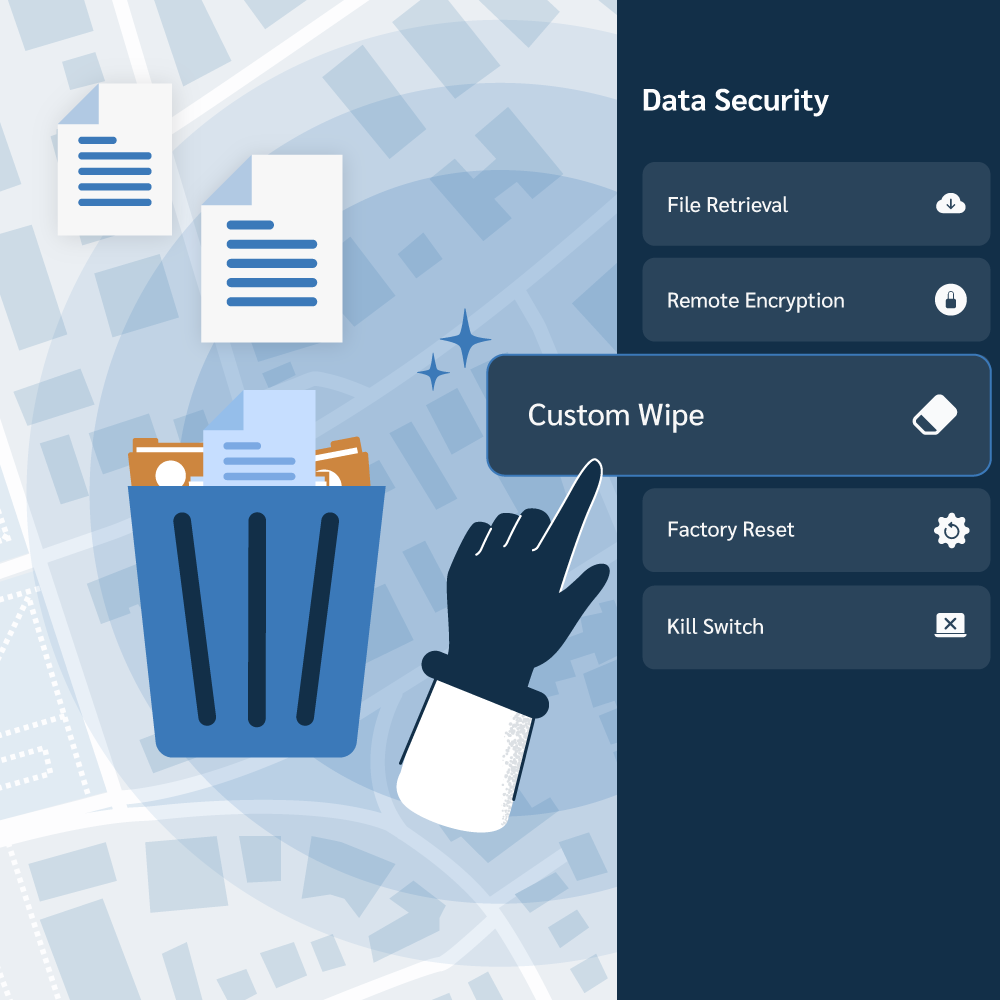 An illustration of a hand selecting the 'Custom Wipe' option in the Data Security menu. To the left, a trash bin overflowing with documents and files symbolizes the secure and permanent deletion of specific data during offboarding.