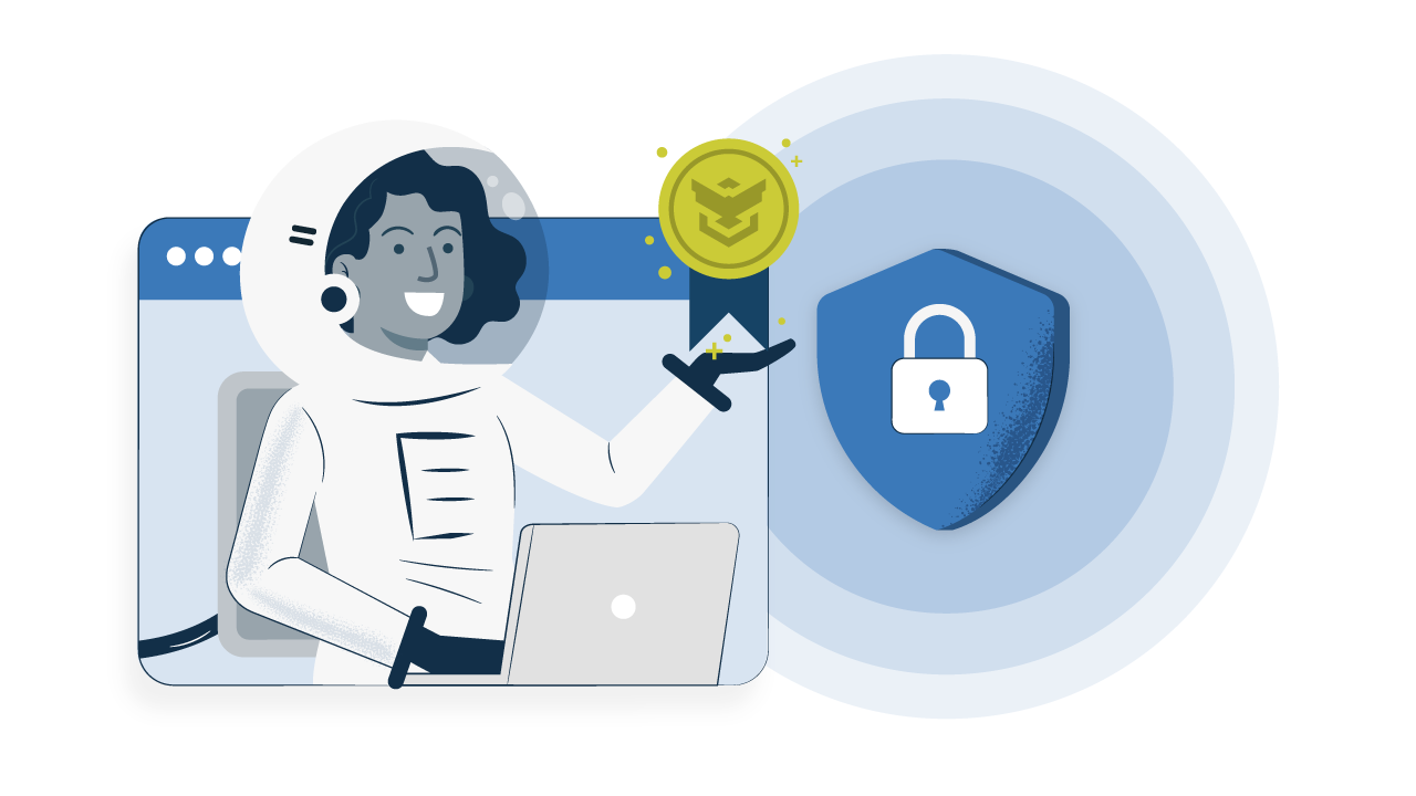 A smiling Prey astronaut emerges from a computer screen, holding a gold coin or medal with the Prey logo. A large blue shield with a padlock is visible behind, symbolizing the successful and reliable security response driven by location features.