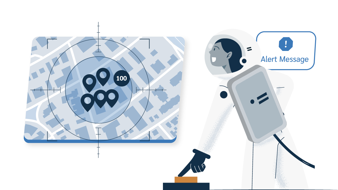 A Prey astronaut presses a button, triggering an 'Alert Message' pop-up. The astronaut is looking at a map screen with a target scope, showing multiple location pins and a counter of 100 devices, symbolizing centralized remote management and security actions.
