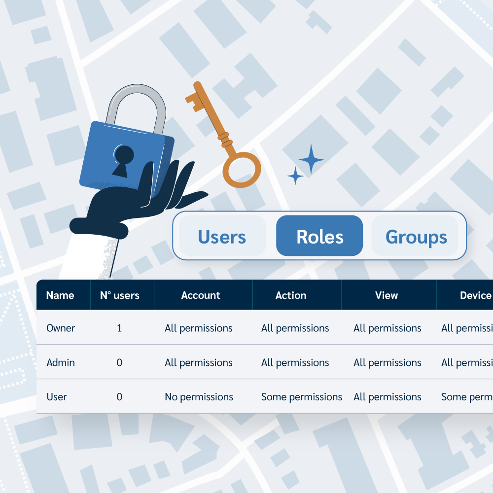 An illustration of a hand holding a padlock next to a golden key, symbolizing access control. Below, a table displays user roles and their associated permissions, with the 'Roles' tab highlighted, emphasizing customizable and granular access management.