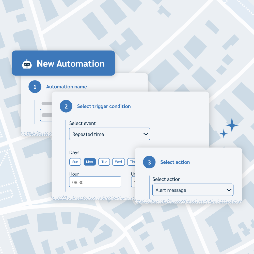An illustration of the three-step flow to create a 'New Automation' in Prey. Step 2 shows the selection of a repeated time trigger condition (days and time), and Step 3 shows the selected action: 'Alert message,' symbolizing fast, automated security response.