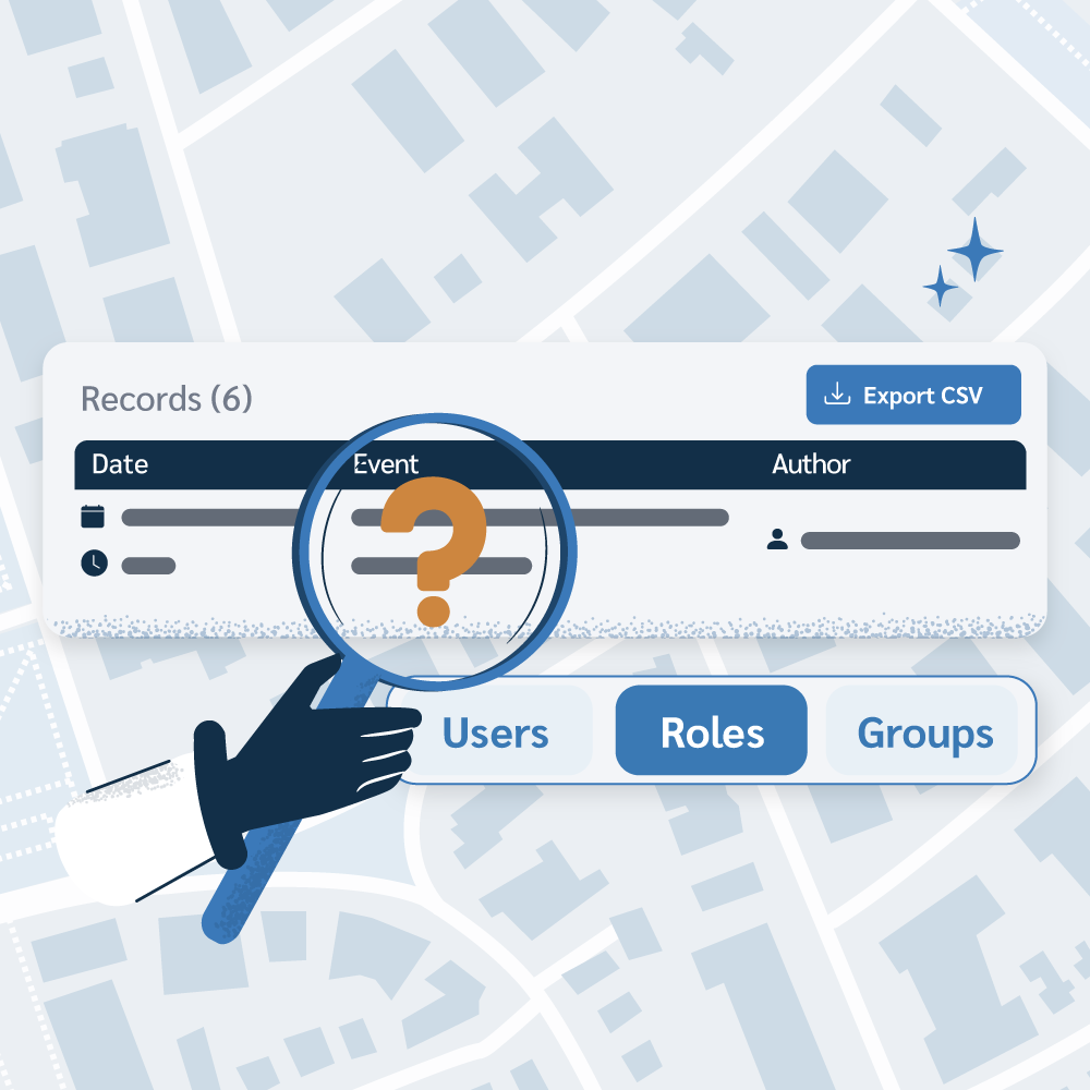 An illustration of a hand holding a magnifying glass over an event log table, highlighting the search for an event (represented by a question mark). The interface shows records (date, event, author) and tabs for Users, Roles, and Groups, symbolizing built-in accountability and compliance tracking.