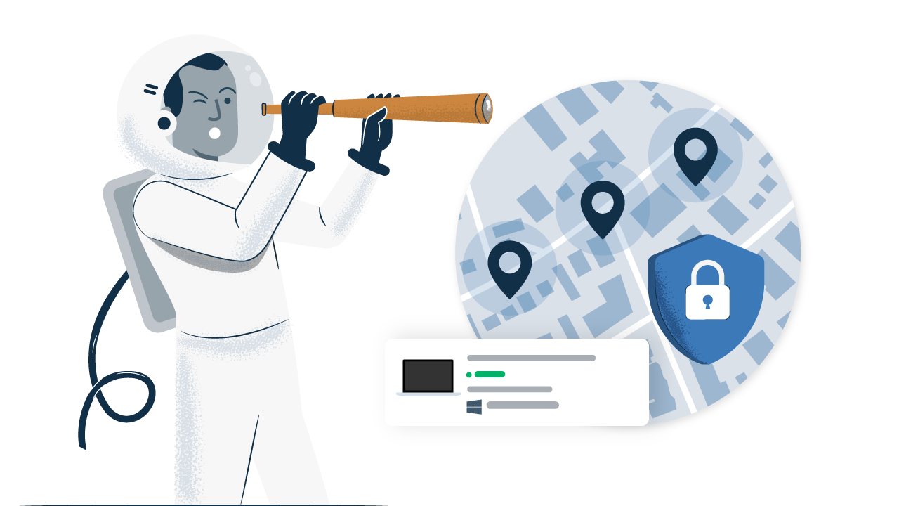 A Prey astronaut looks through a telescope at a map with multiple location pins and a large blue security shield with a padlock. A status card shows a device being monitored, symbolizing continuous, location-based vigilance and security for rented assets.