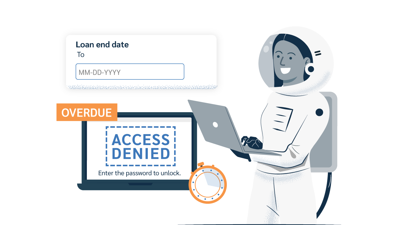 A Prey astronaut stands next to a laptop displaying an 'ACCESS DENIED' screen with an 'OVERDUE' warning label. Above, a card shows the 'Loan end date' input field, symbolizing automated program management and asset recovery control.