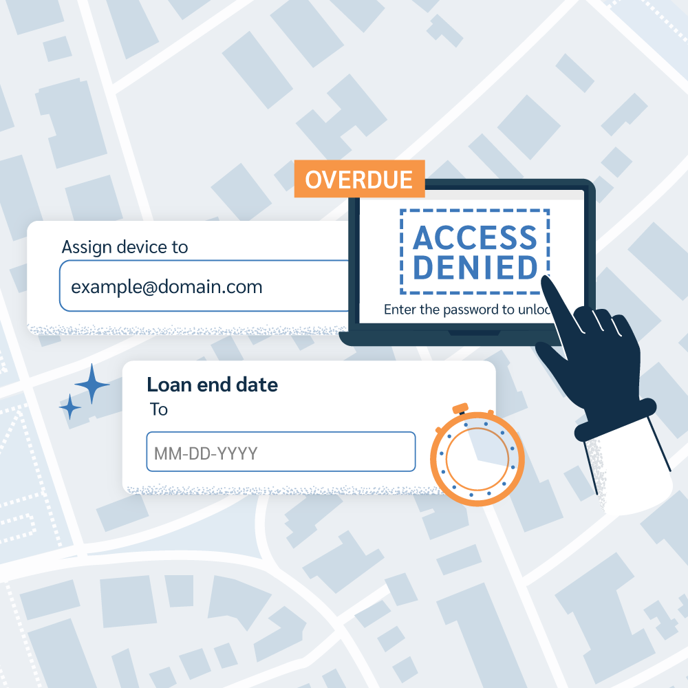 An illustration of a hand tapping a laptop screen displaying 'ACCESS DENIED' with an 'OVERDUE' warning label. Cards show the device assignment field and the 'Loan end date' field, symbolizing centralized control and automated security enforcement for rented assets.
